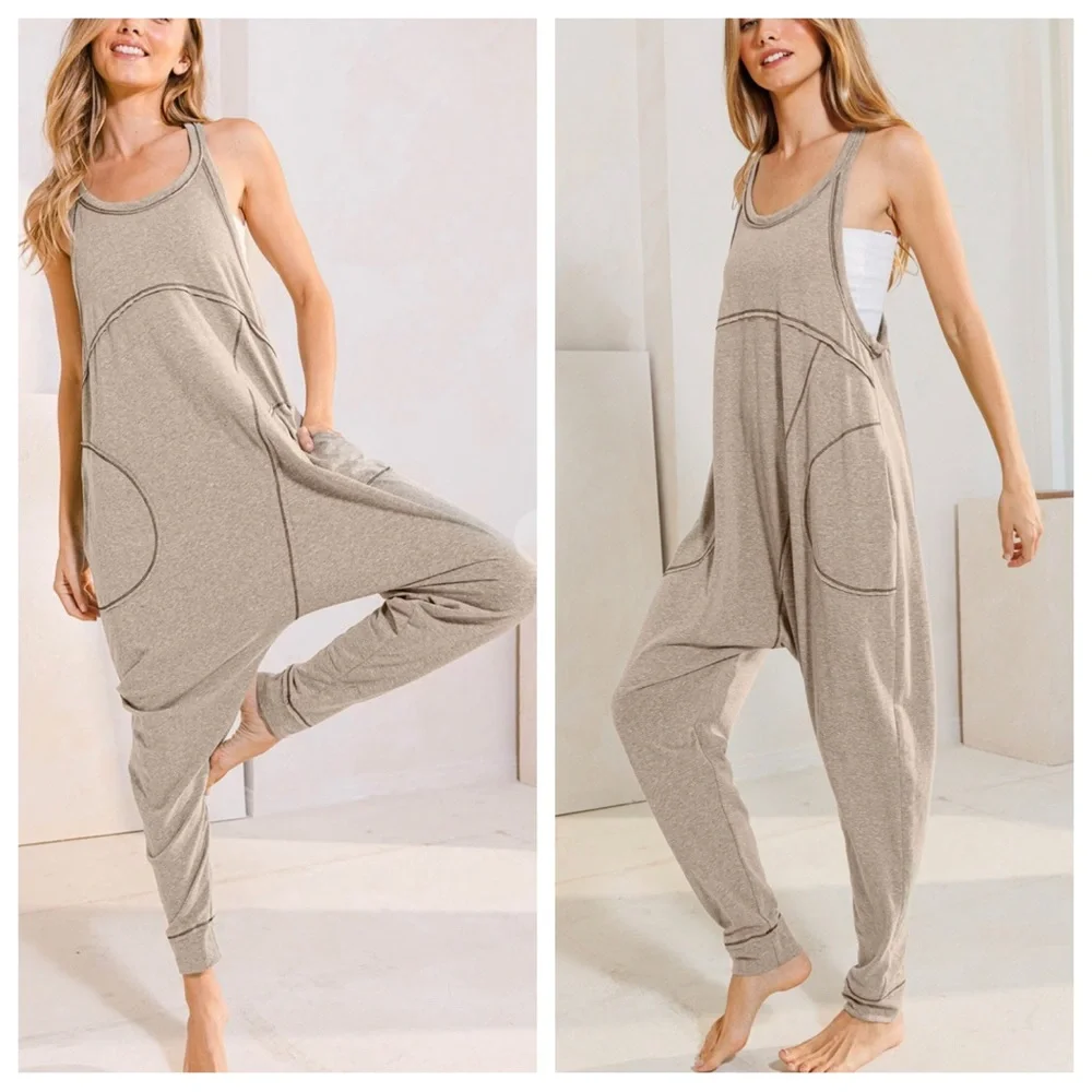 44 Boho Most Comfy Sleeveless Solid Harem Jumpsuit - Picture 1 of 3